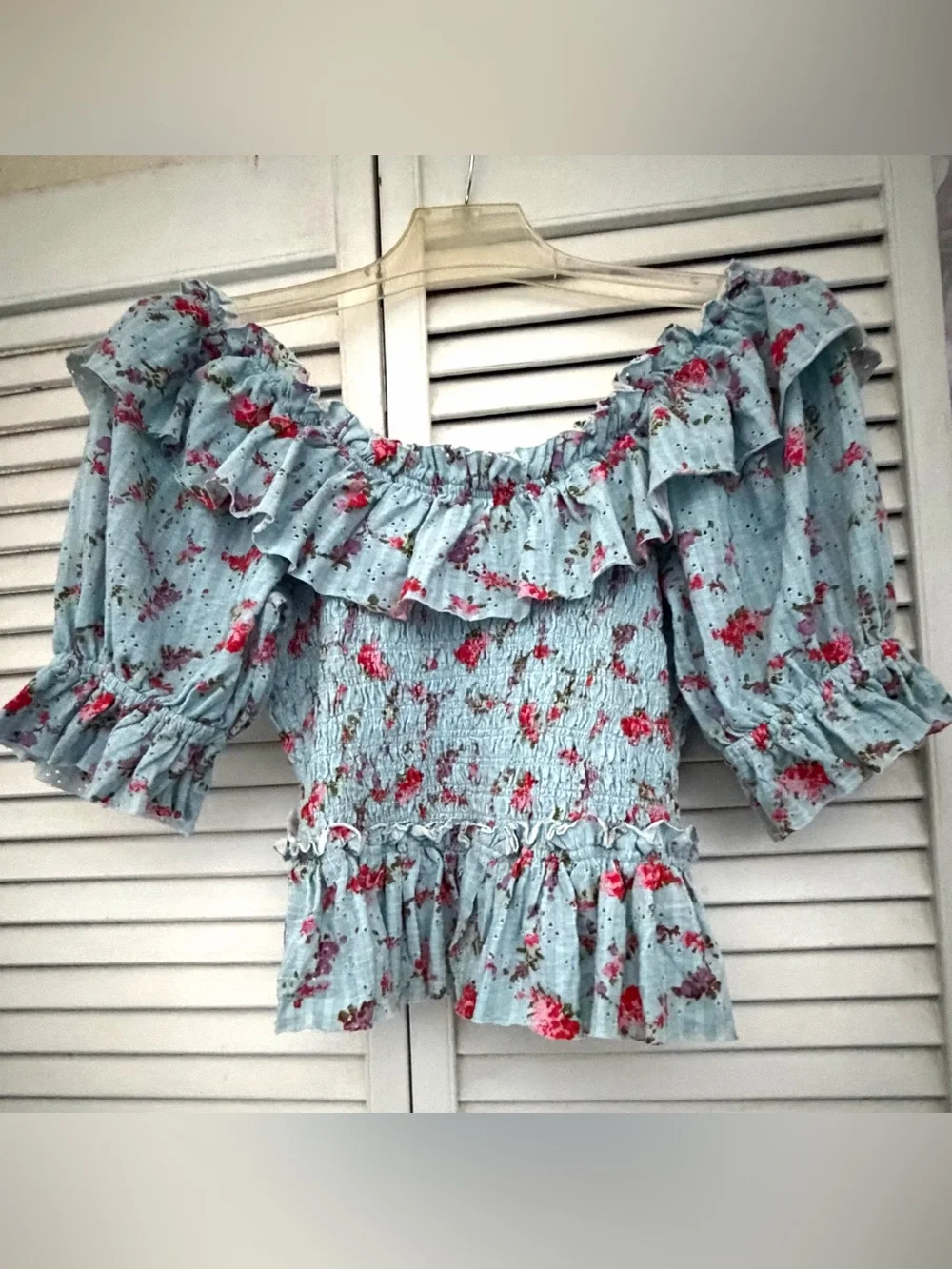 Free People Light Blue Floral Favorite Girl Smocked Ruffle Top